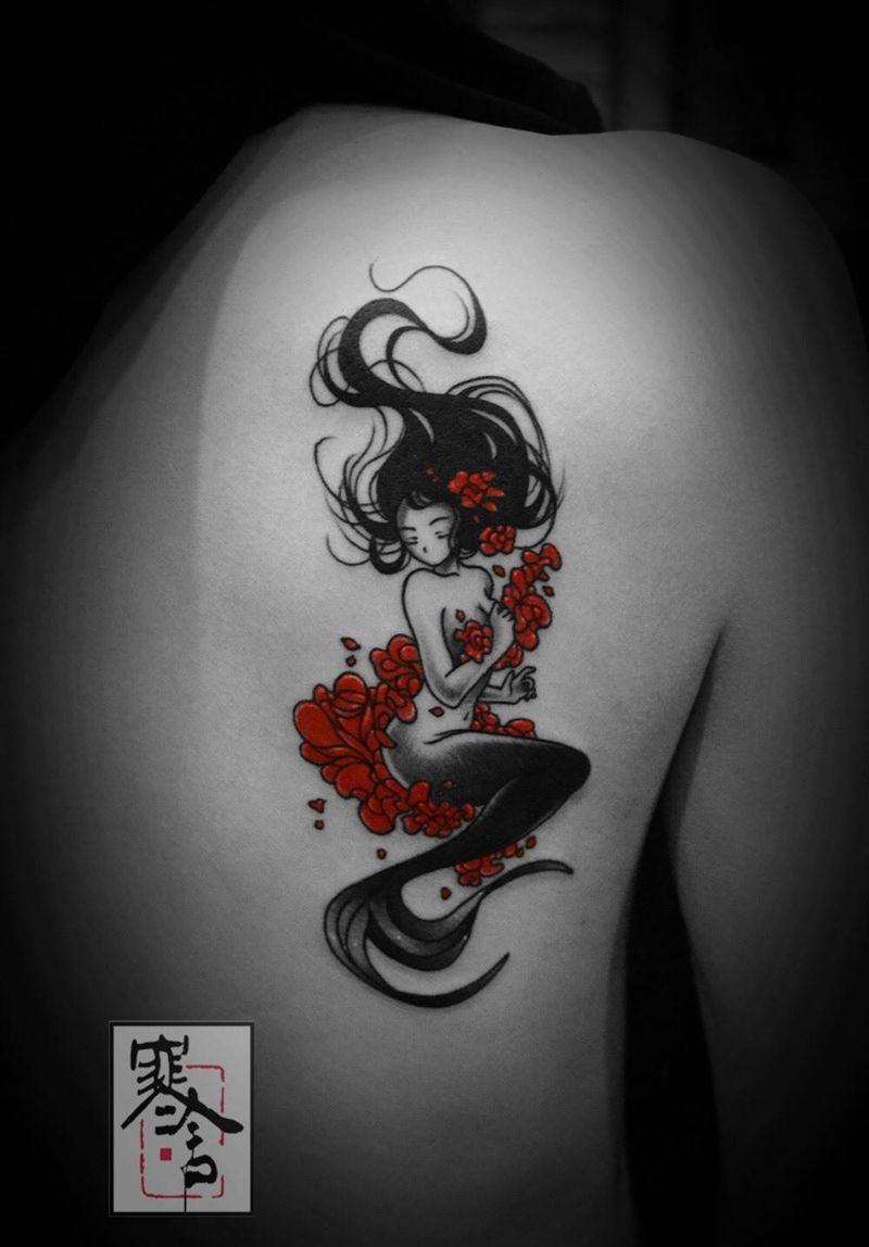 人鱼纹身图片_成品背部欧美人物纹身图案