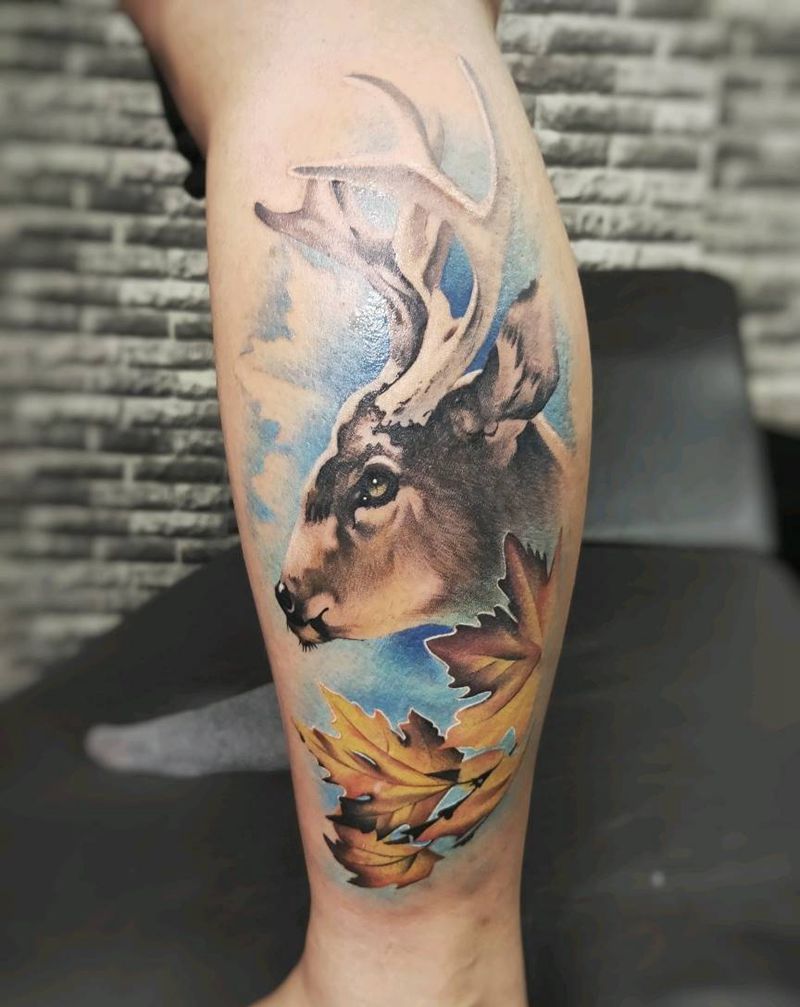 鹿纹身图片_腿部欧美写实纹身图案