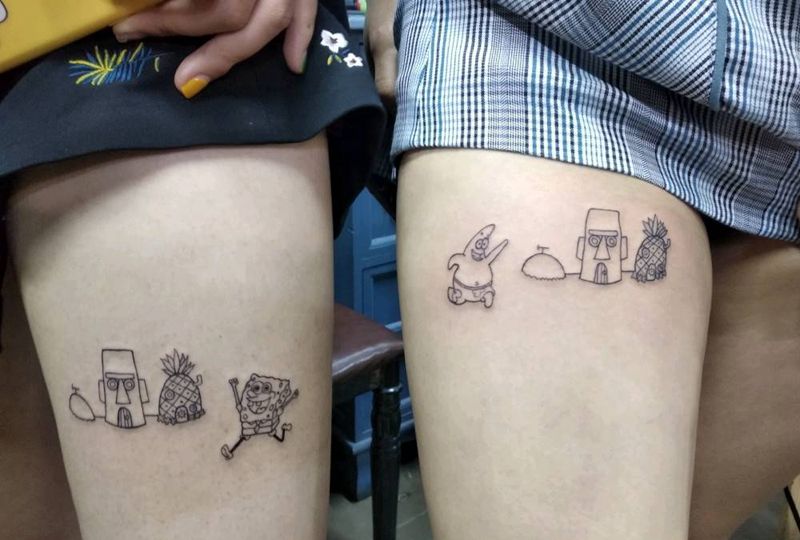 海绵宝宝纹身图片_腿部几何纹身图案