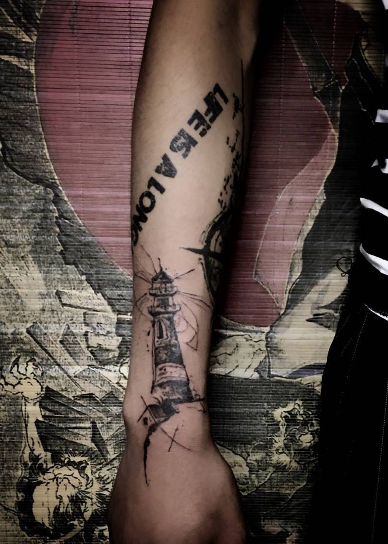 灯塔拼接纹身图片_成品欧美几何肩部腰部背部腿部手臂手部脚部纹身图案