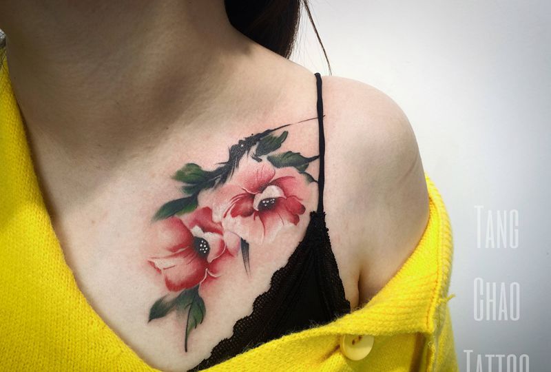 水墨遮盖纹身图片_胸部水墨纹身图案