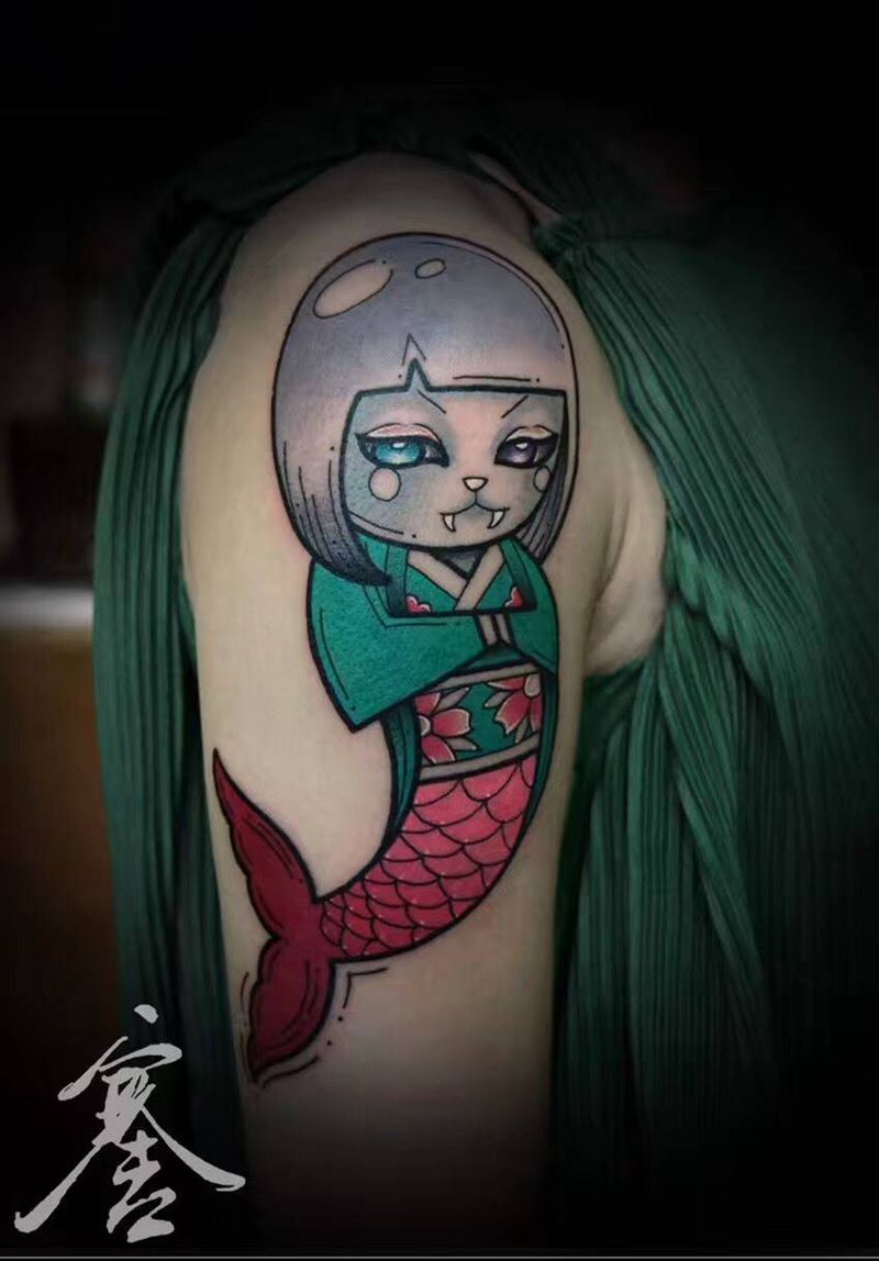 猫人鱼纹身图片_成品手臂欧美动物纹身图案