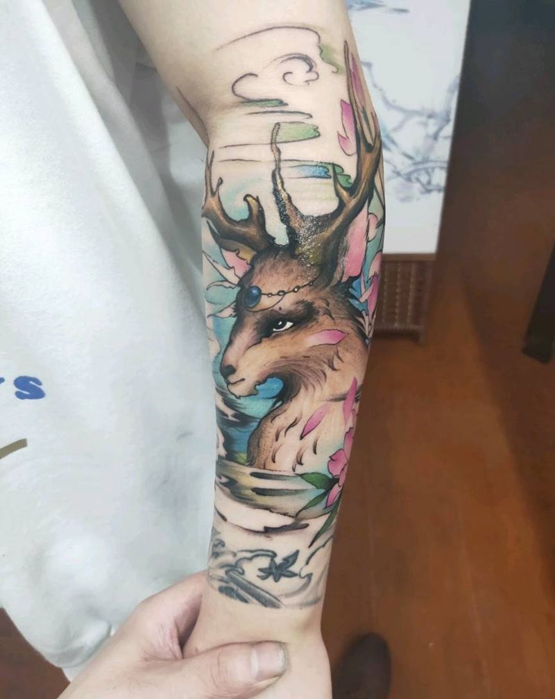 鹿，下面老纹身不是我做的纹身图片_新传统纹身图案