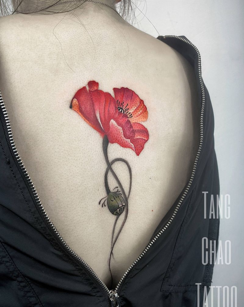 罂粟纹身图片_背部水墨纹身图案