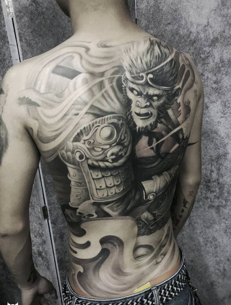 原创猴子未完纹身图片_背部新传统纹身图案