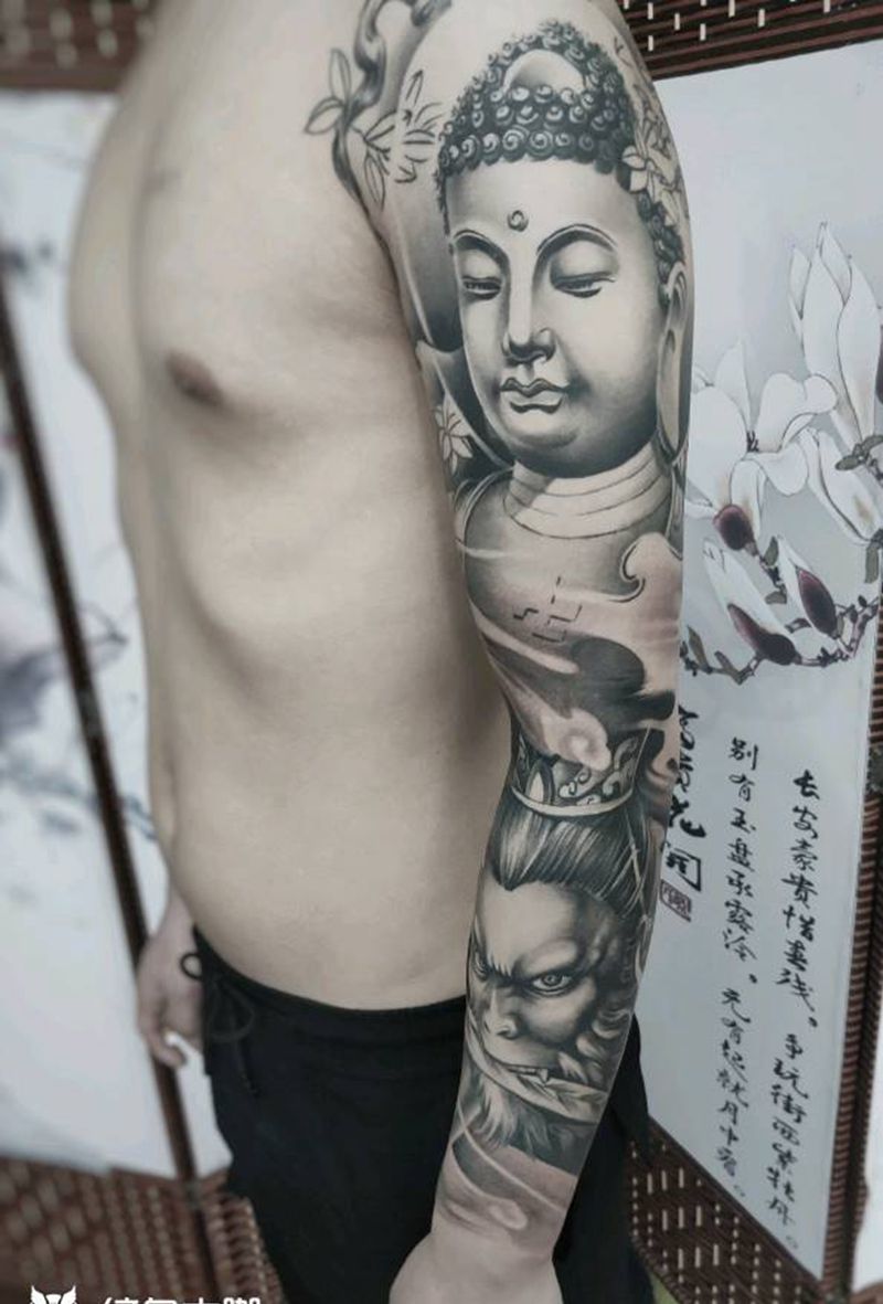 佛像猴子花臂纹身图片_手臂新传统纹身图案