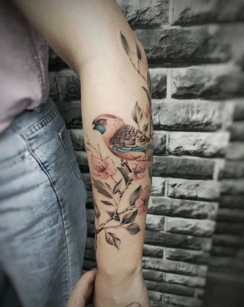 花鸟，素花纹身图片_手臂点刺纹身图案