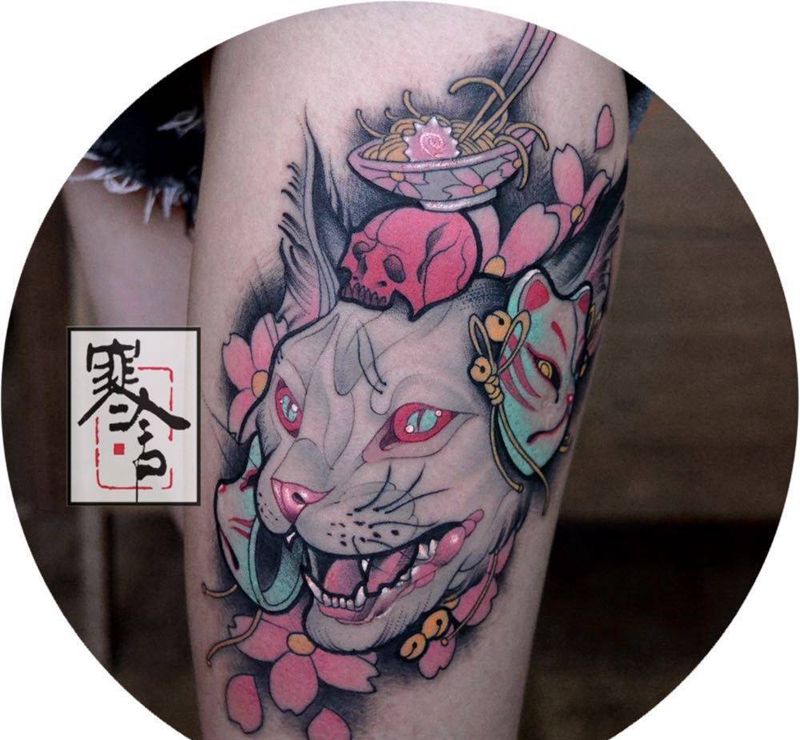 猫纹身图片_成品腿部欧美动物纹身图案