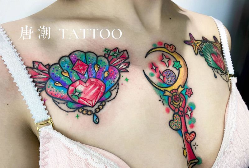 元气少女仙女棒纹身图片_胸部Old School纹身图案