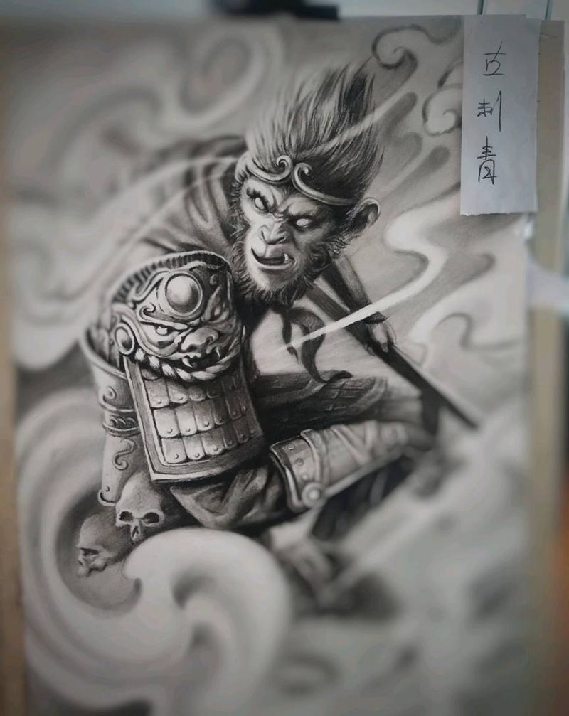 原创猴子手稿纹身图片_背部纹身图案