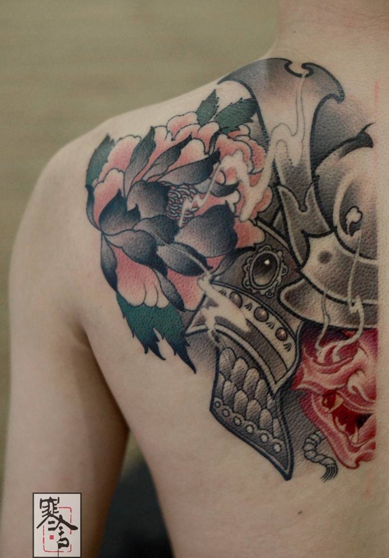 武士纹身图片_背部新传统纹身图案