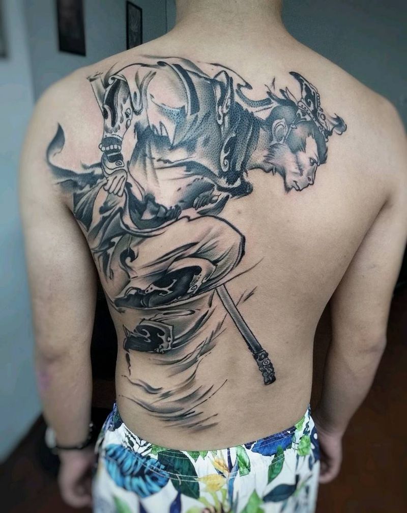 水墨，猴纹身图片_背部水墨纹身图案