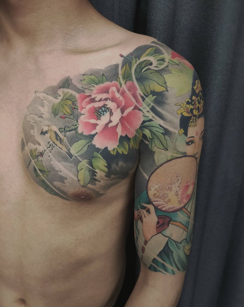 半甲，恢复4个月效果纹身图片_手臂胸部新传统纹身图案