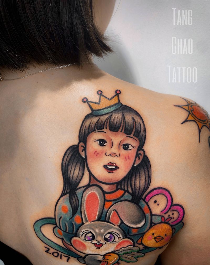 卡通肖像 兔宝贝纹身图片_背部肩部Old School纹身图案