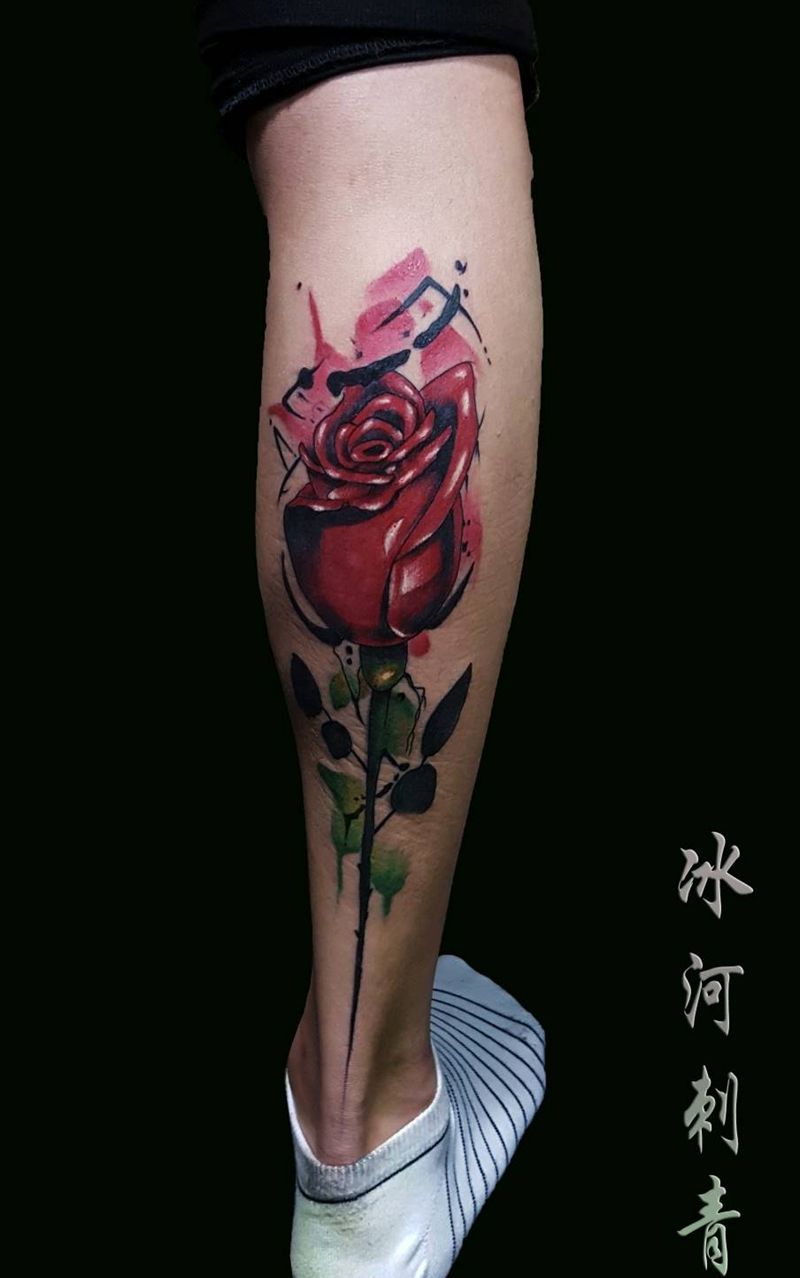 玫瑰纹身图片_腿部植物成品纹身图案