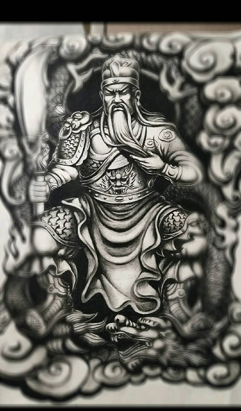 原创关公手稿纹身图片_背部传统肖像写实人物原创成品手稿纹身图案