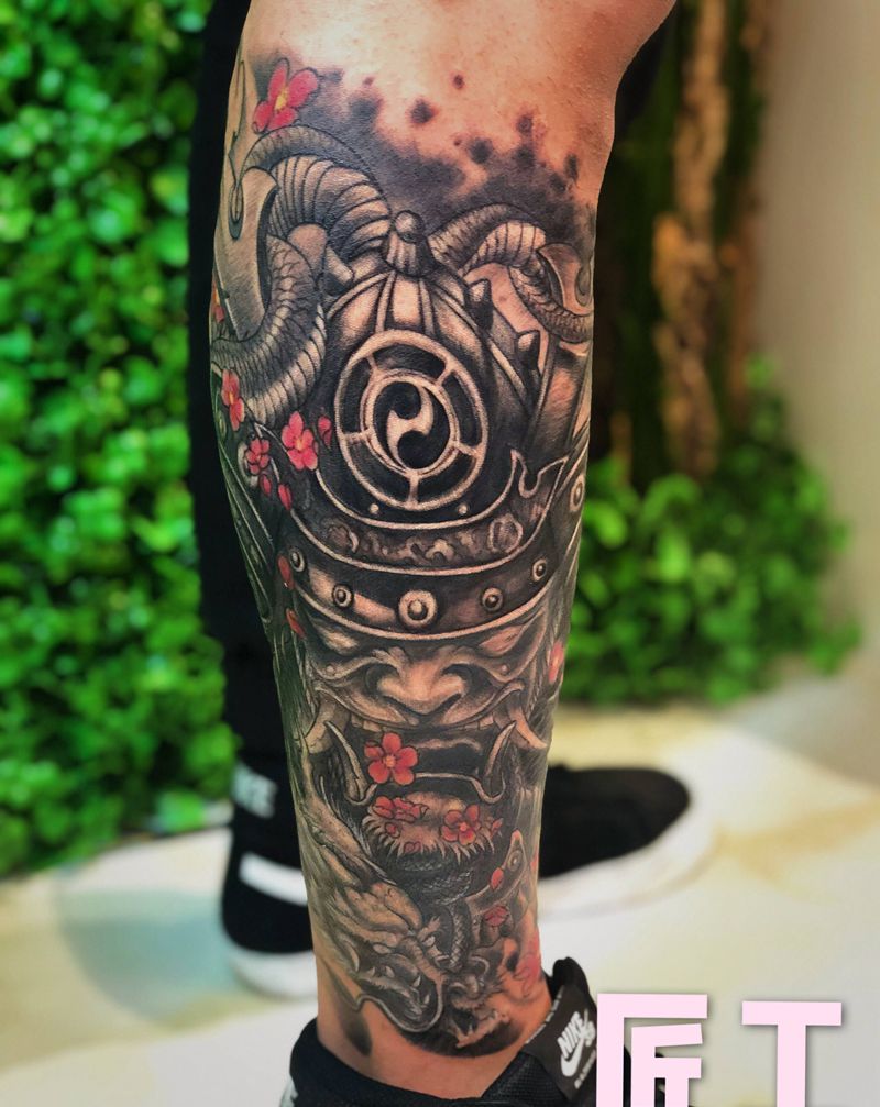 鬼武士纹身图片_腿部新传统般若鬼武士纹身图案