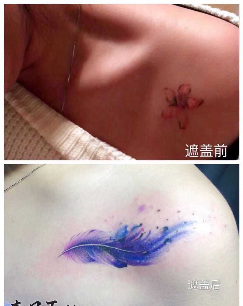 羽毛纹身图片_胸部水彩羽毛纹身图案