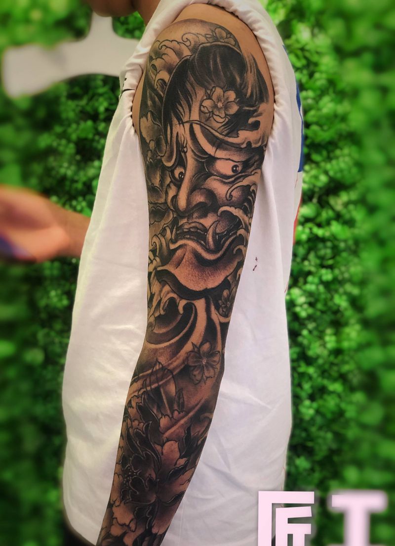 般若花臂纹身图片_手臂新传统般若花臂纹身图案