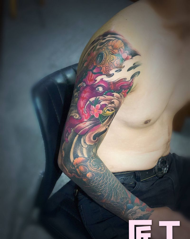 象神纹身图片_手臂新传统象神 鲤鱼纹身图案