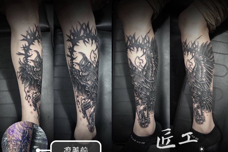 渡鸦纹身图片_腿部New School渡鸦纹身图案