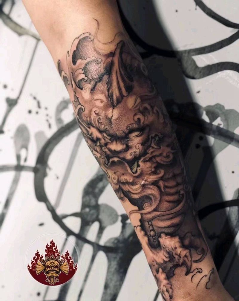 唐狮纹身图片_手臂新传统纹身图案