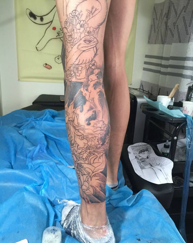 拼接进行中纹身图片_腿部纹身图案