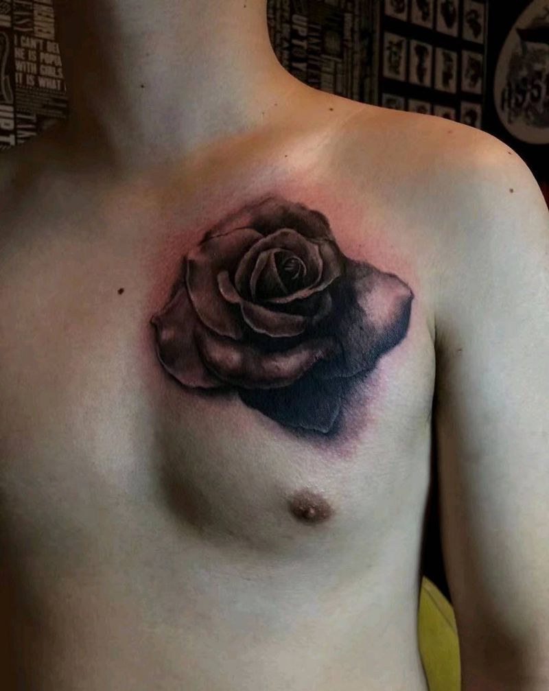 玫瑰纹身图片_胸部纹身图案