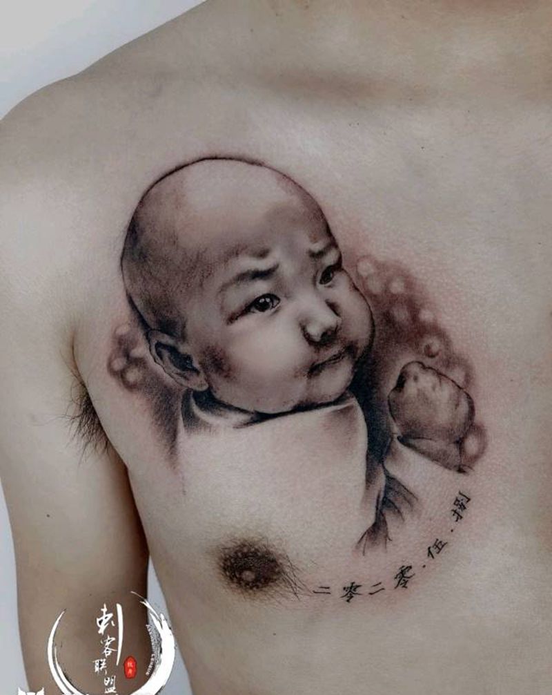 挚爱纹身图片_胸部肖像纹身图案