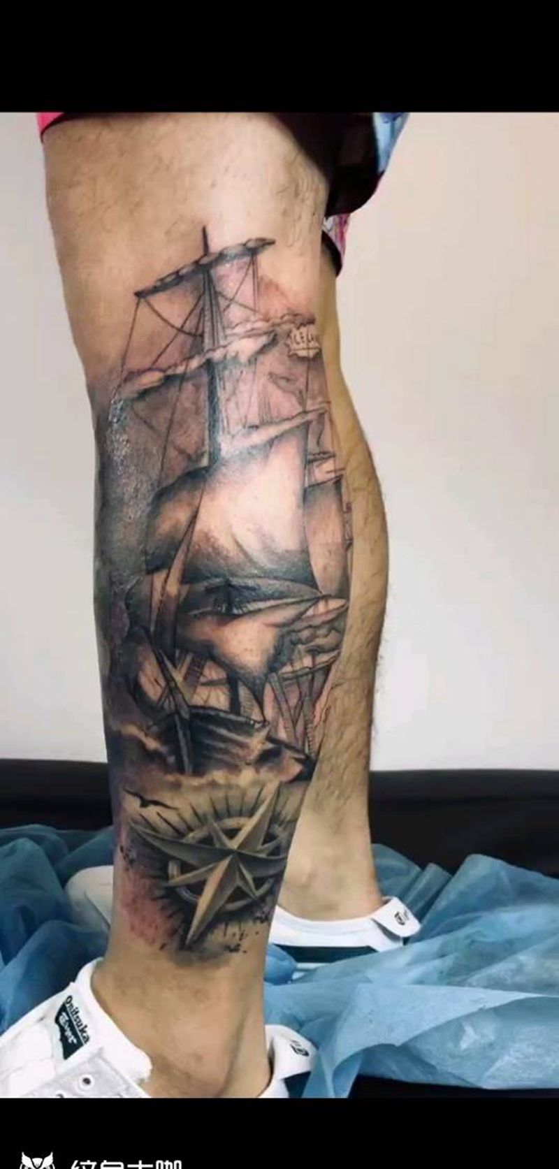 海皇船纹身图片_腿部欧美写实纹身图案
