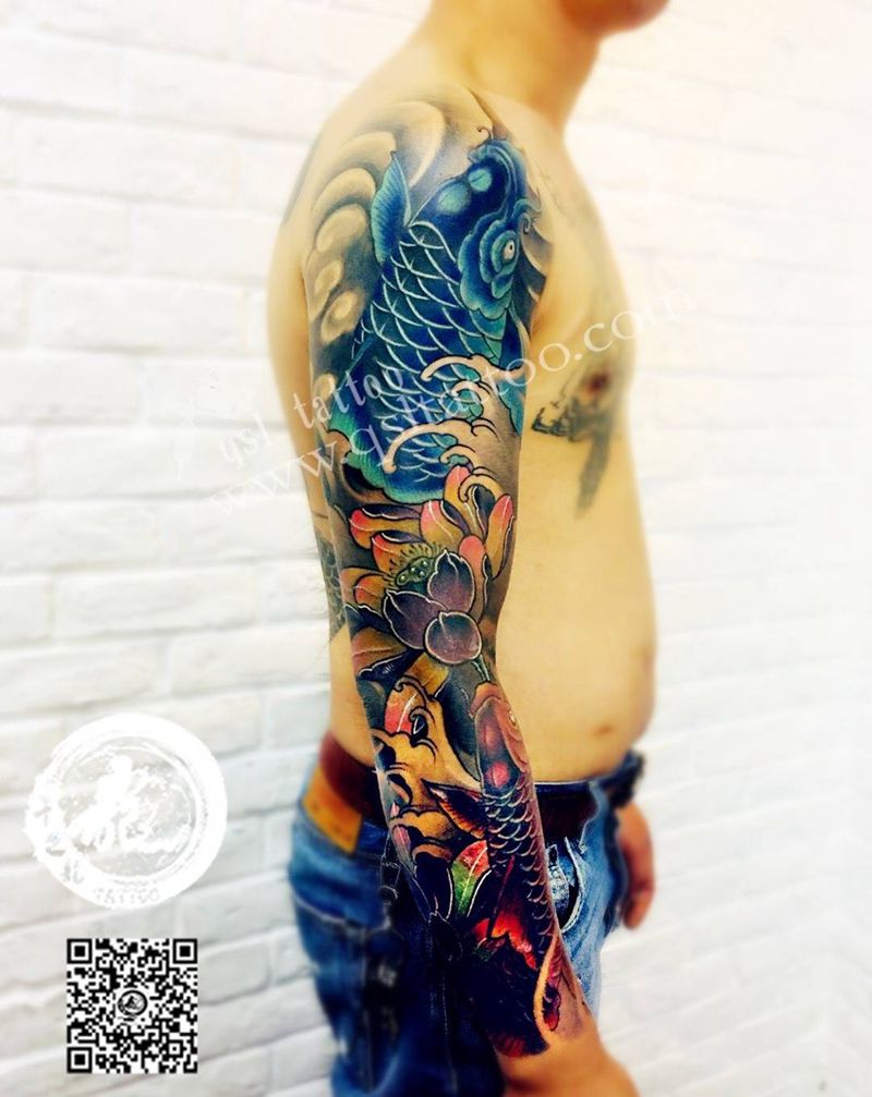 锦鲤花臂 强力遮盖纹身图片