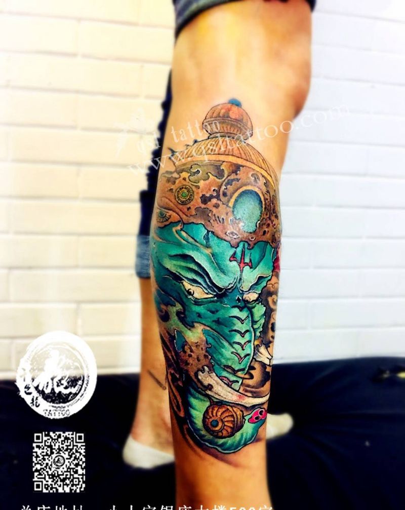 象神 遮盖旧纹身纹身图片_腿部新传统纹身图案
