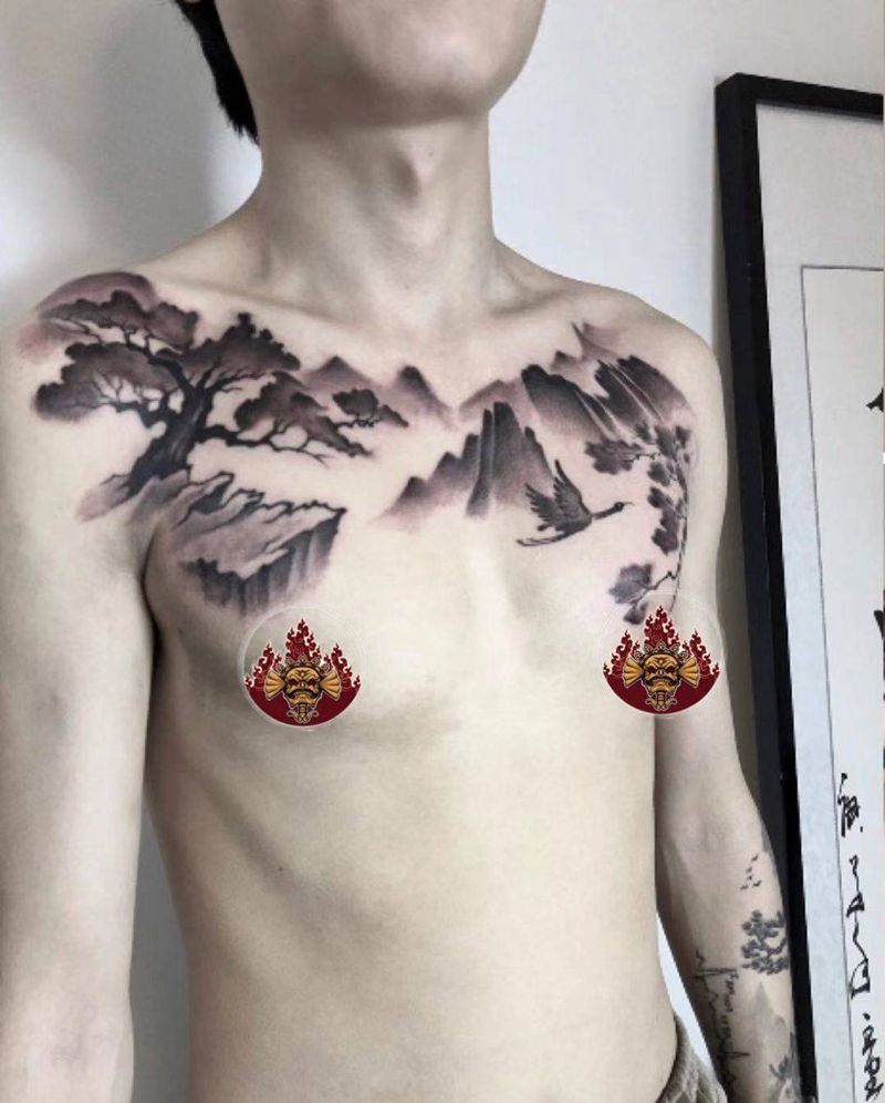 写意山水纹身图片_胸部水墨纹身图案