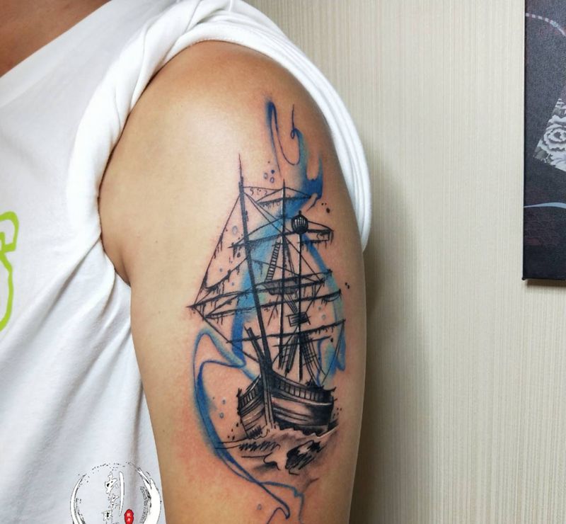 三桅杆帆船纹身图片_手臂欧美写实纹身图案