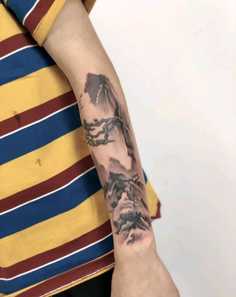 水墨遮盖纹身图片_手臂水墨纹身图案