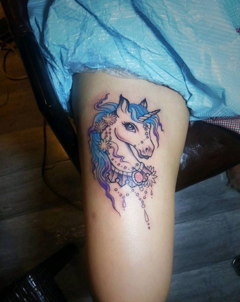 独角兽纹身图片_腿部纹身图案