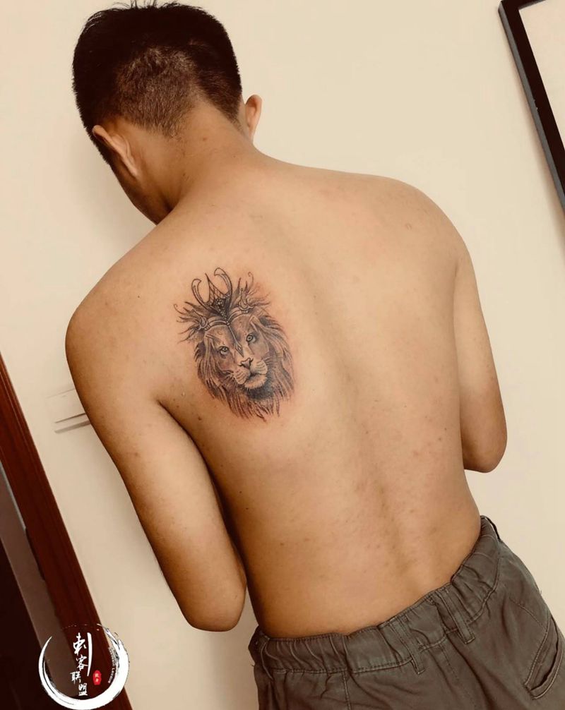 狮子纹身图片_背部欧美写实纹身图案