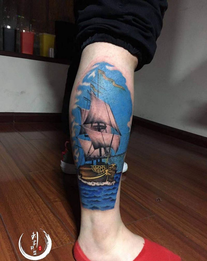 理想风帆纹身图片_腿部欧美写实纹身图案