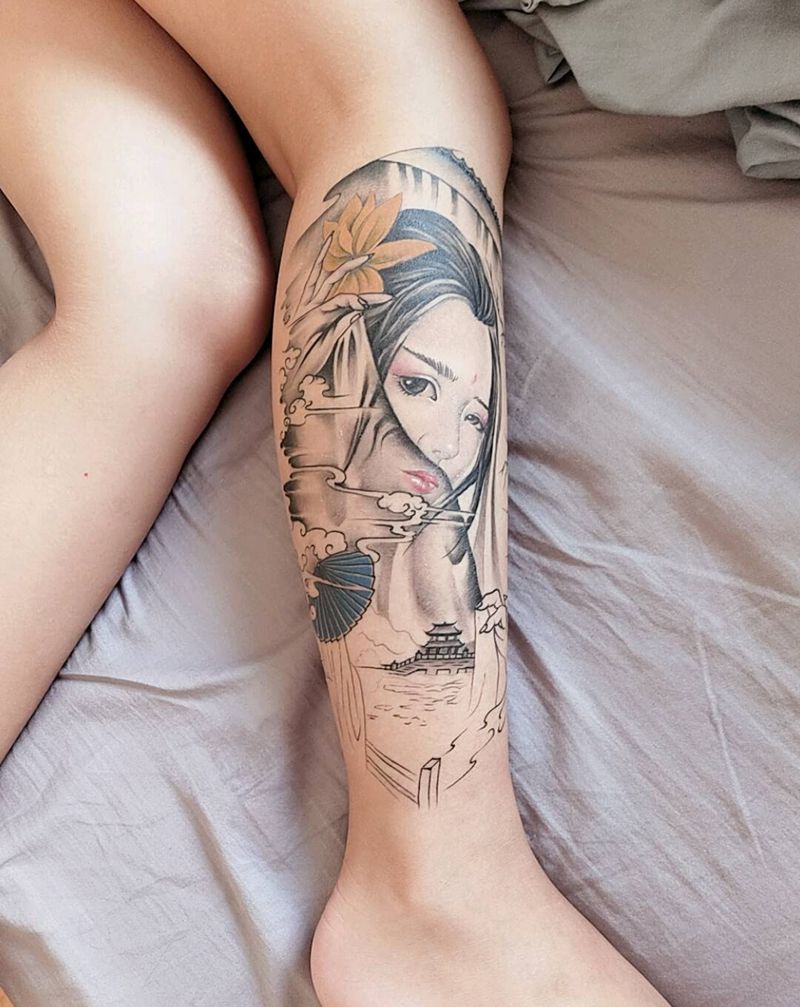 未完成纹身图片_腿部新传统纹身图案