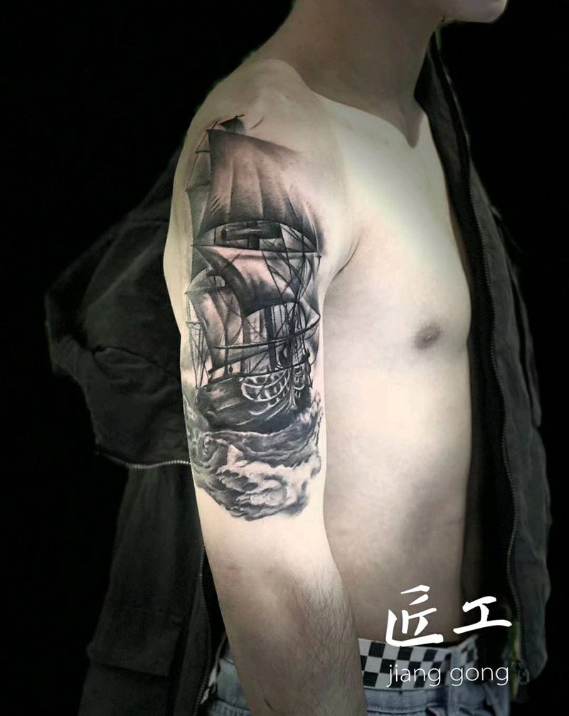 帆船纹身图片_手臂新传统欧美写实纹身图案