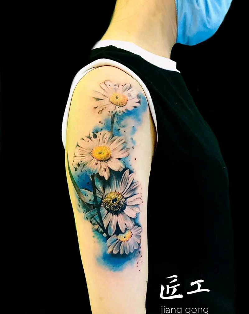 太阳花纹身图片_手臂欧美写实水彩纹身图案