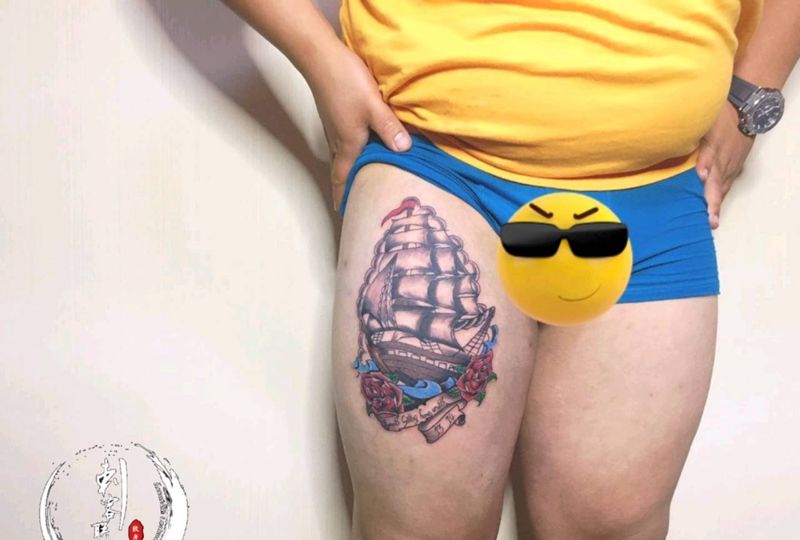 船纹身图片_腿部欧美写实纹身图案