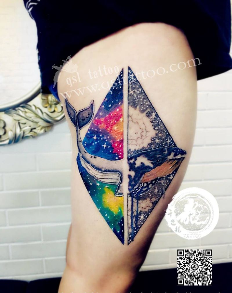 大腿外侧 蓝鲸纹身图片