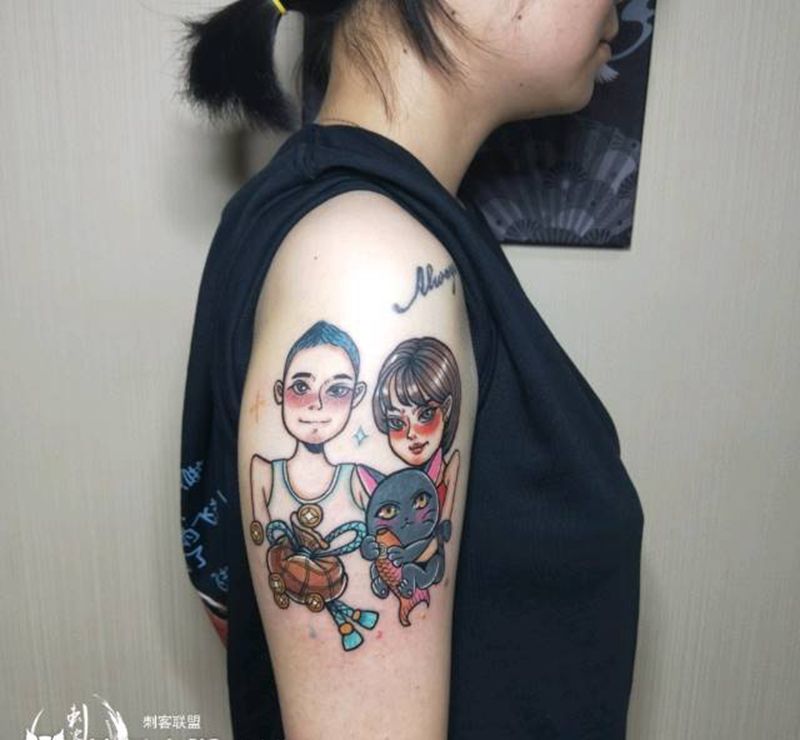 原创卡通情侣纹身图片_手臂欧美写实原创纹身图案