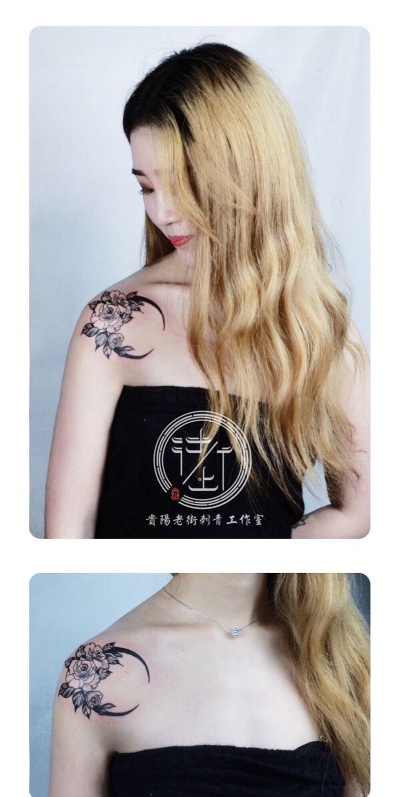 肩花纹身图片_肩部几何点刺纹身图案