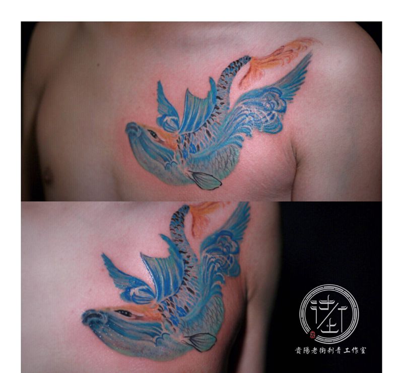 鲲纹身图片_胸部欧美写实水彩纹身图案