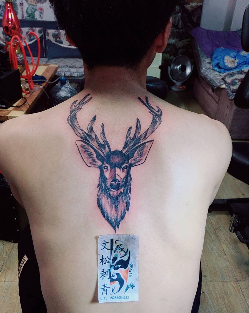 鹿头纹身图片_背部纹身图案