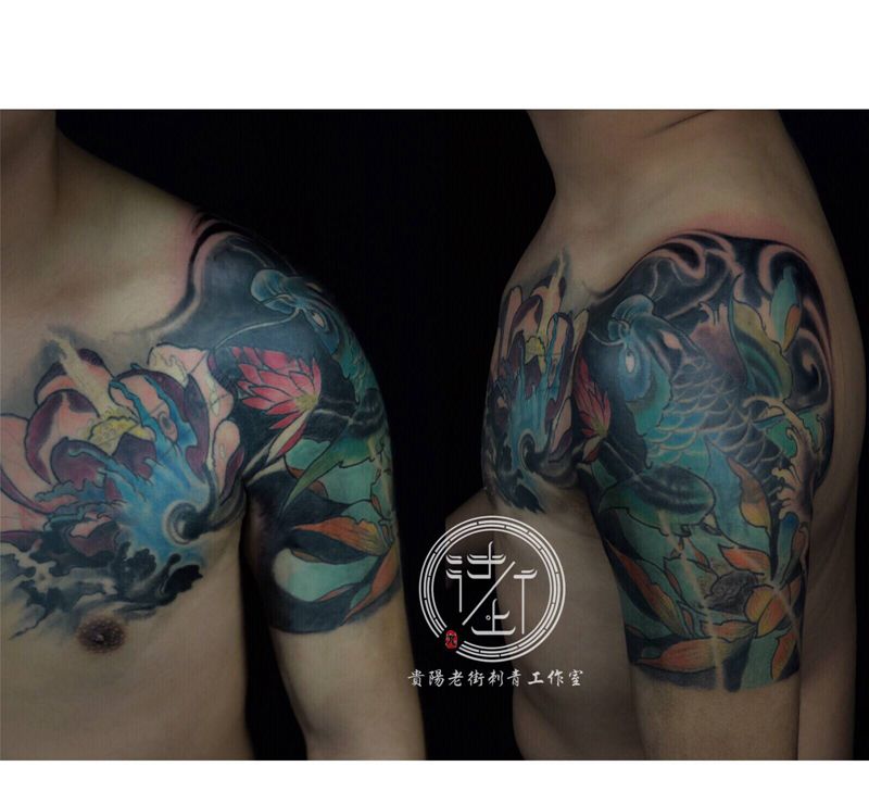 翔子作品，半甲强力遮盖。纹身图片_胸部新传统鲤鱼纹身图案