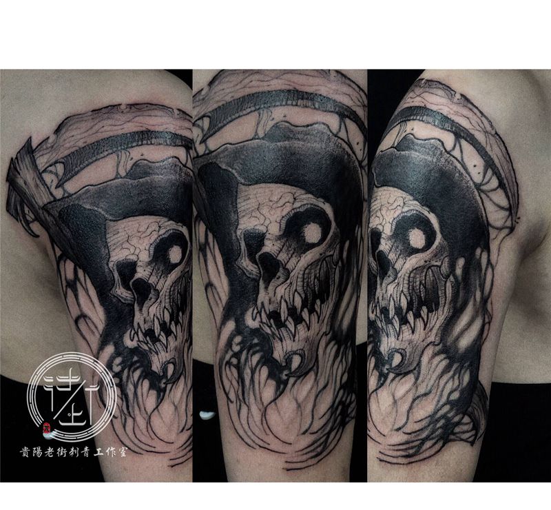 翔子作品，暗黑系的死神骷髅头。纹身图片_手臂点刺骷髅头纹身图案