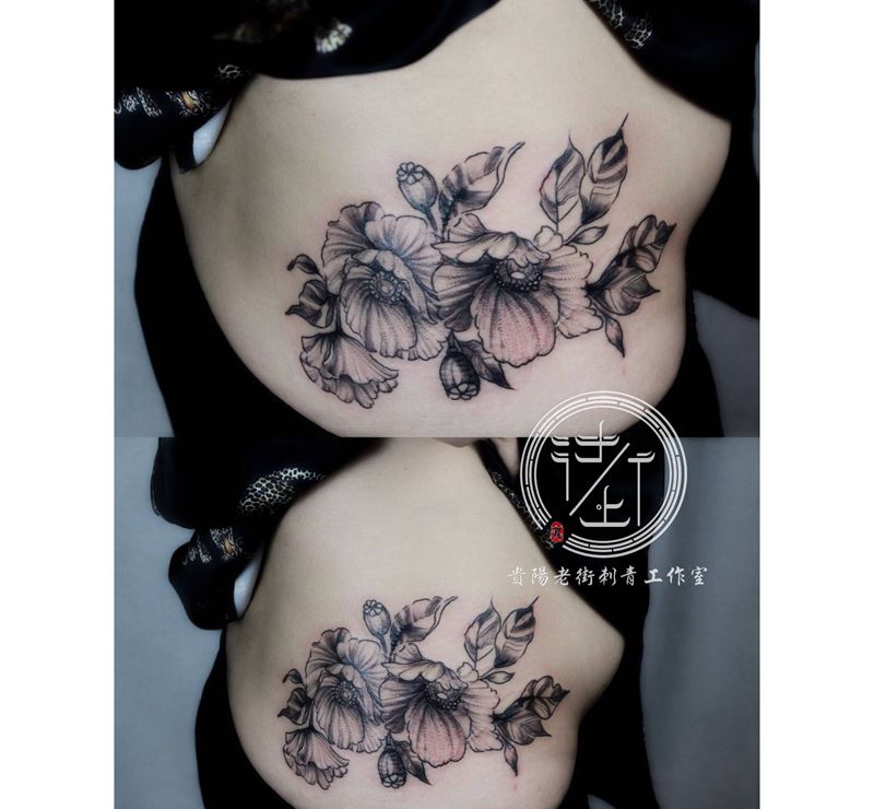 翔子作品，罂粟花。纹身图片_腰部欧美写实罂粟纹身图案